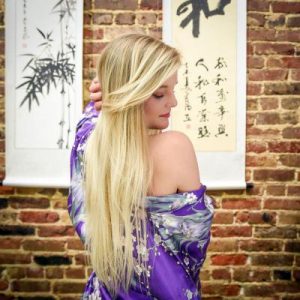 Gorgeous silk kimono in purple featuring iris flowers