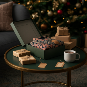 Kimono Christmas features a gift boxed kimono in a festive setting.